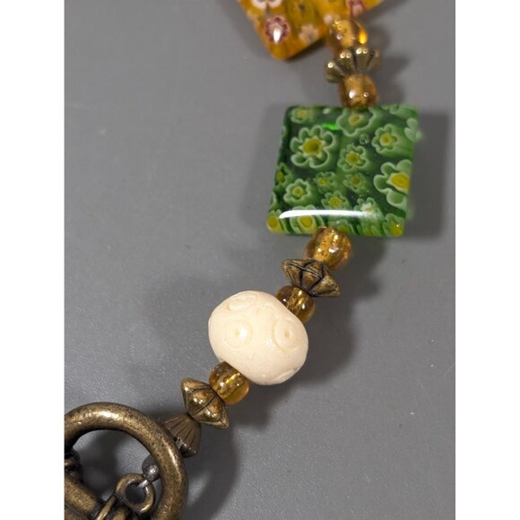 Bronze Tone Green Yellow Millefiori Glass Square Bead Bracelet 7" - Picture 3 of 7